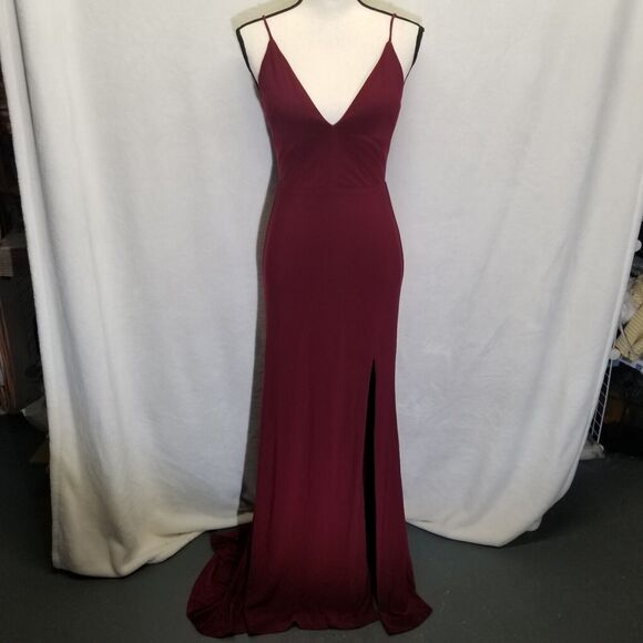 Dear Moon 3 Dress Gown Burgundy Deep V Neck High Slit Stretch Padded Cup Prom - Picture 1 of 9